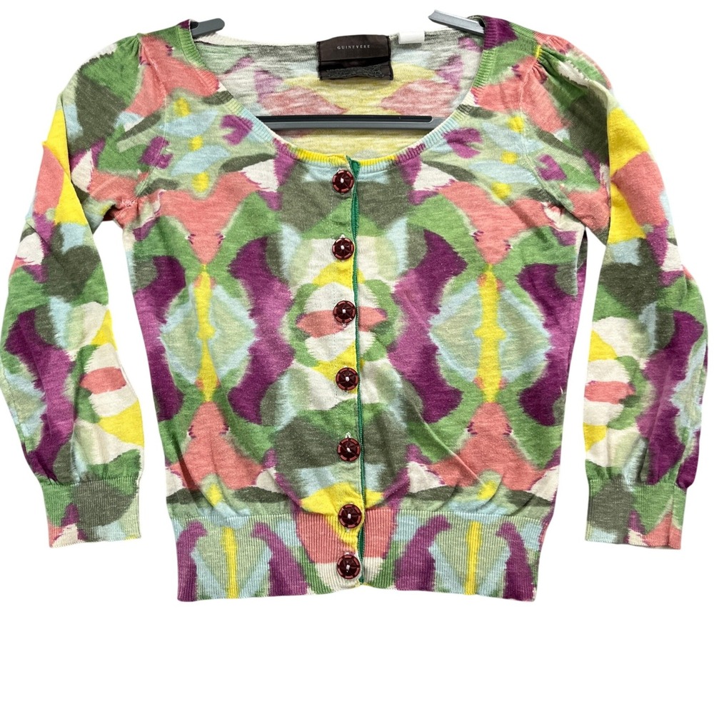 Guinevere Cardigan Sweaterβ Womens XS Multicolor Cotton Knit Floral Boho Anthro